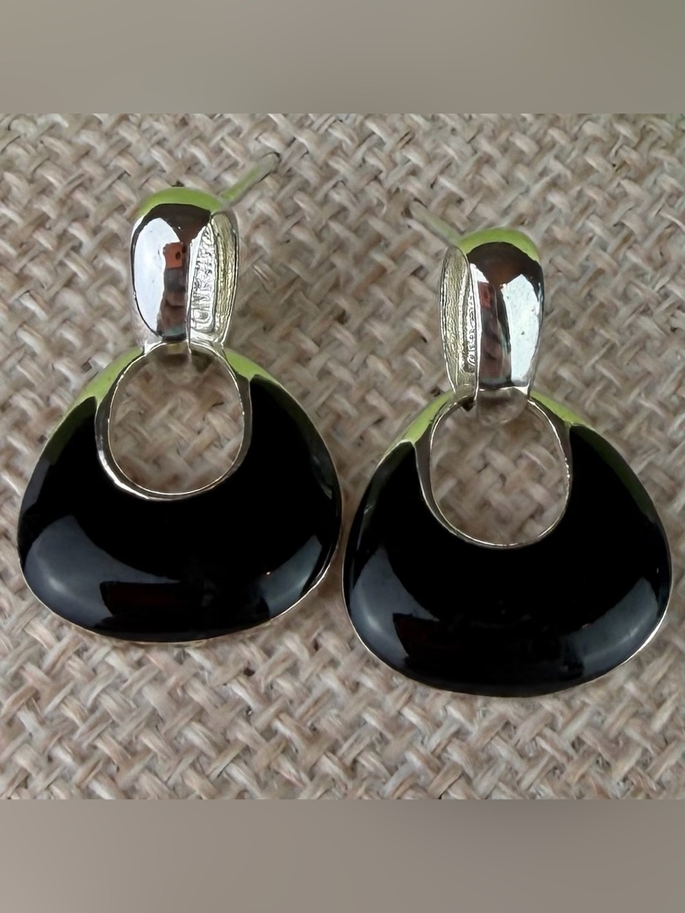 Vintage MAN 925 Sterling Silver & Black Enamel Modernist Drop Earrings, Thailand